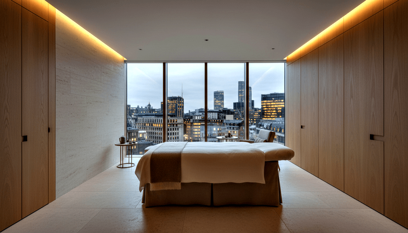 Massage table with white linen and caramel fringed blanket, amber cove lighting, floor-to-ceiling windows with dusk skyline.