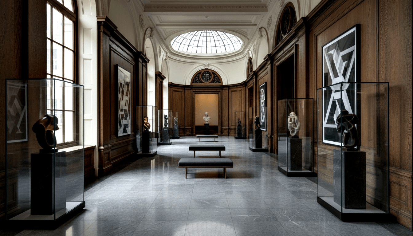 Gallery hallway in central-axis perspective leads to a marble classical bust under a glass dome, with vitrines, geometric artworks, and benches.