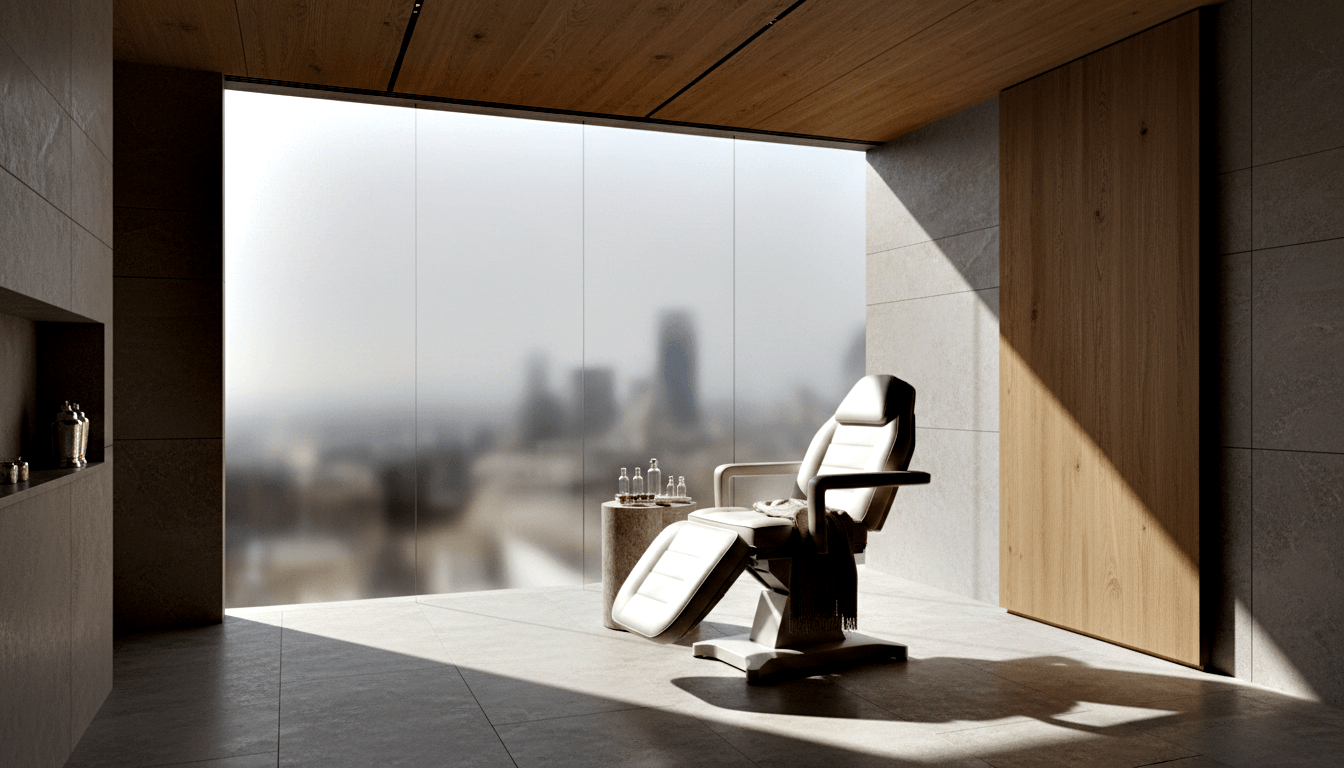 Partially reclined white treatment chair with charcoal armrests beside a cylindrical stone side table with glass bottles.