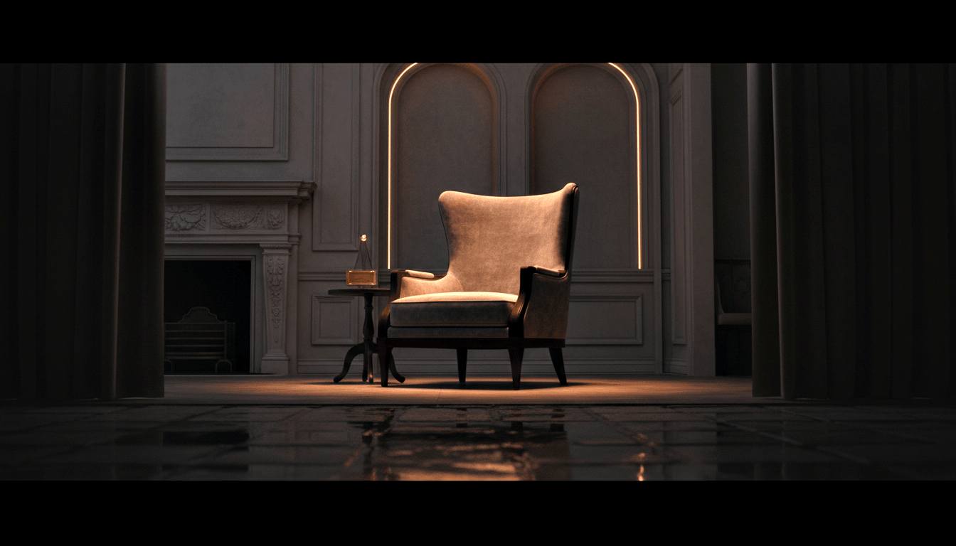 Cream velvet wingback armchair with dark wood arms and legs, spotlit in a dark ornate classical interior with arched niche and carved fireplace.