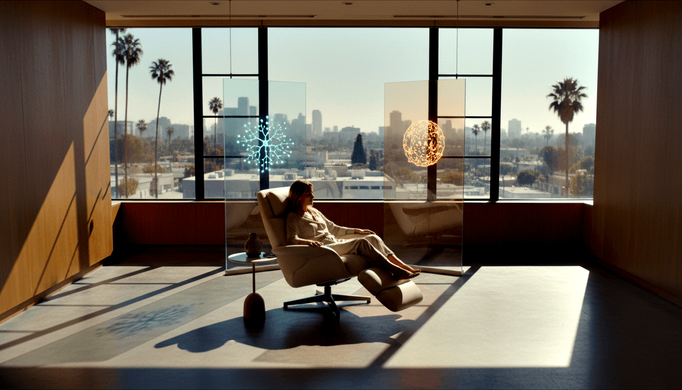 Woman reclining in cream leather lounge chair, sunlit minimalist interior with panoramic windows, palm trees and urban skyline outside.