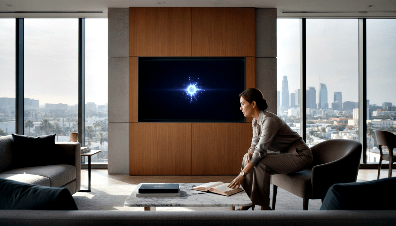 Dark-haired woman in taupe blouse and brown wide-leg trousers leans from charcoal armchair toward wall-mounted TV showing blue particle-burst.