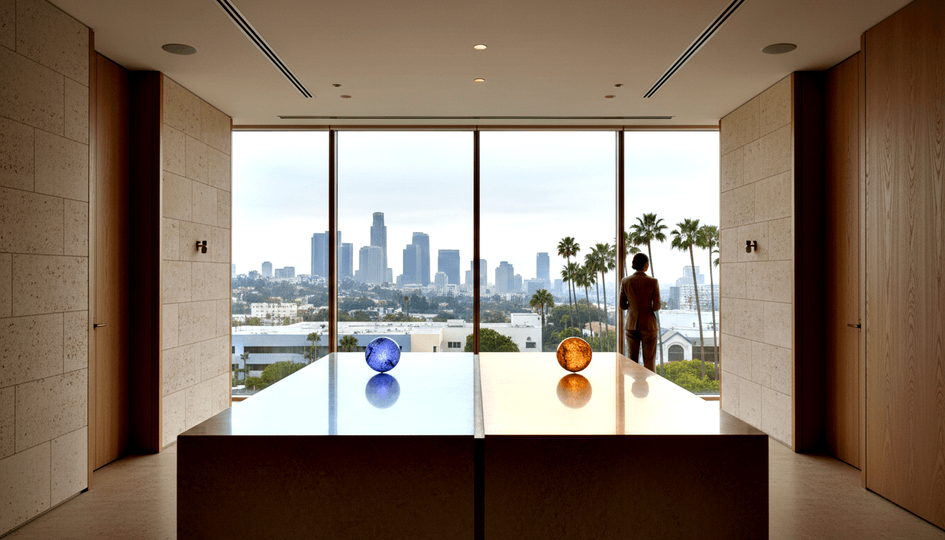 Stone table with cobalt and amber spheres before floor-to-ceiling window overlooking hazy skyline with high-rises and palm trees.