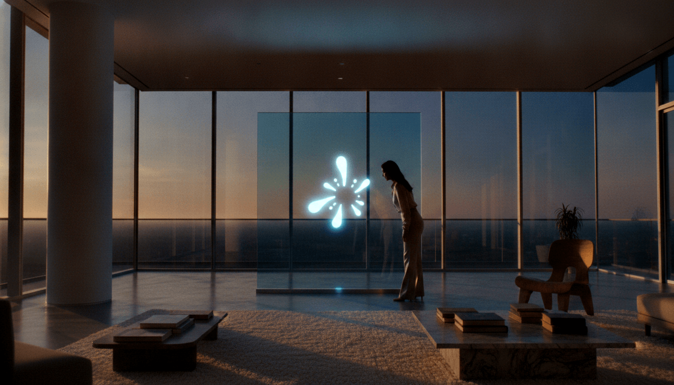 Woman in profile near floor-to-ceiling windows faces a glowing cyan-white starburst symbol in a dim high-rise interior with amber light.