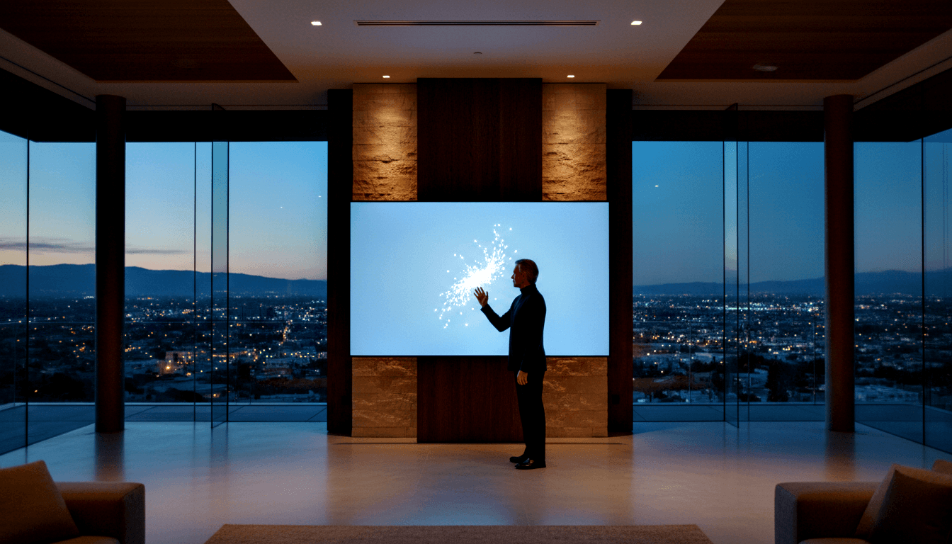 Silhouetted man in dark clothing reaches toward a glowing display on a wood-and-stone wall, floor-to-ceiling glass shows dusk cityscape.