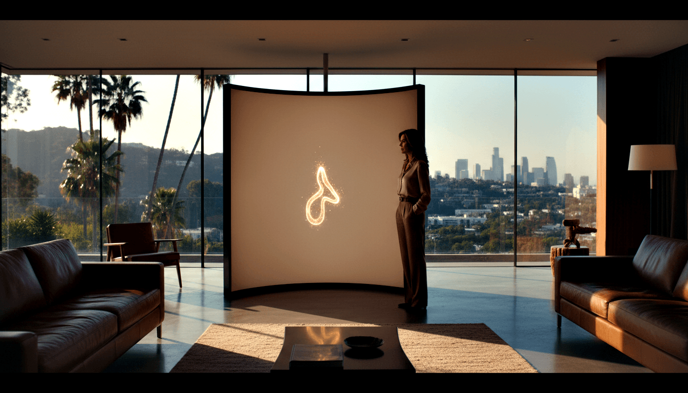 Woman in gray-olive top and wide-leg trousers stands in profile beside a large curved panel glowing with an amber symbol.