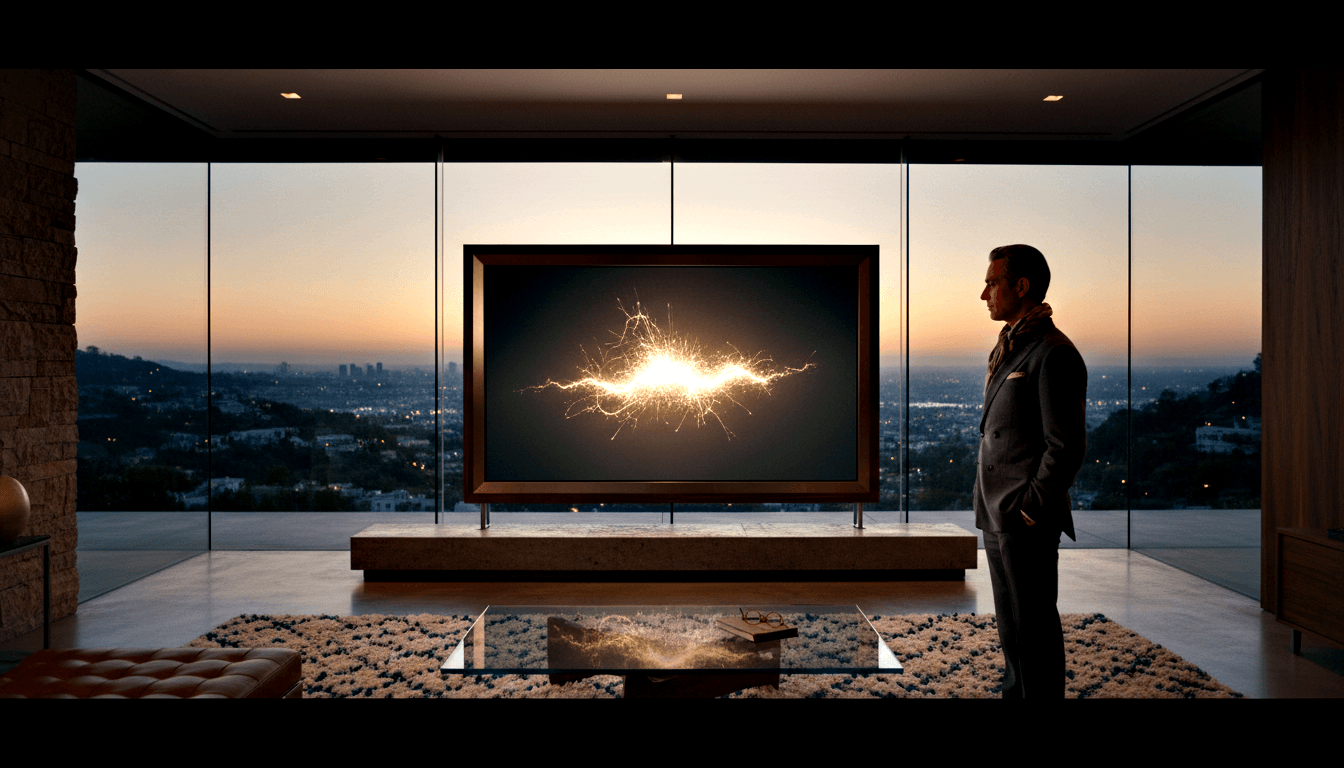 Man in dark gray suit stands before a flat-screen showing a golden plasma burst; floor-to-ceiling glass frames twilight cityscape.