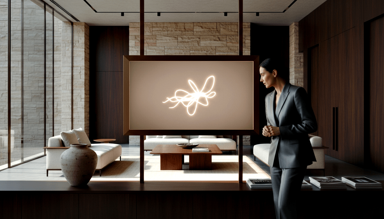 Woman in charcoal gray suit stands beside a framed botanical line drawing on an easel in a room with stone walls and cream sofas.