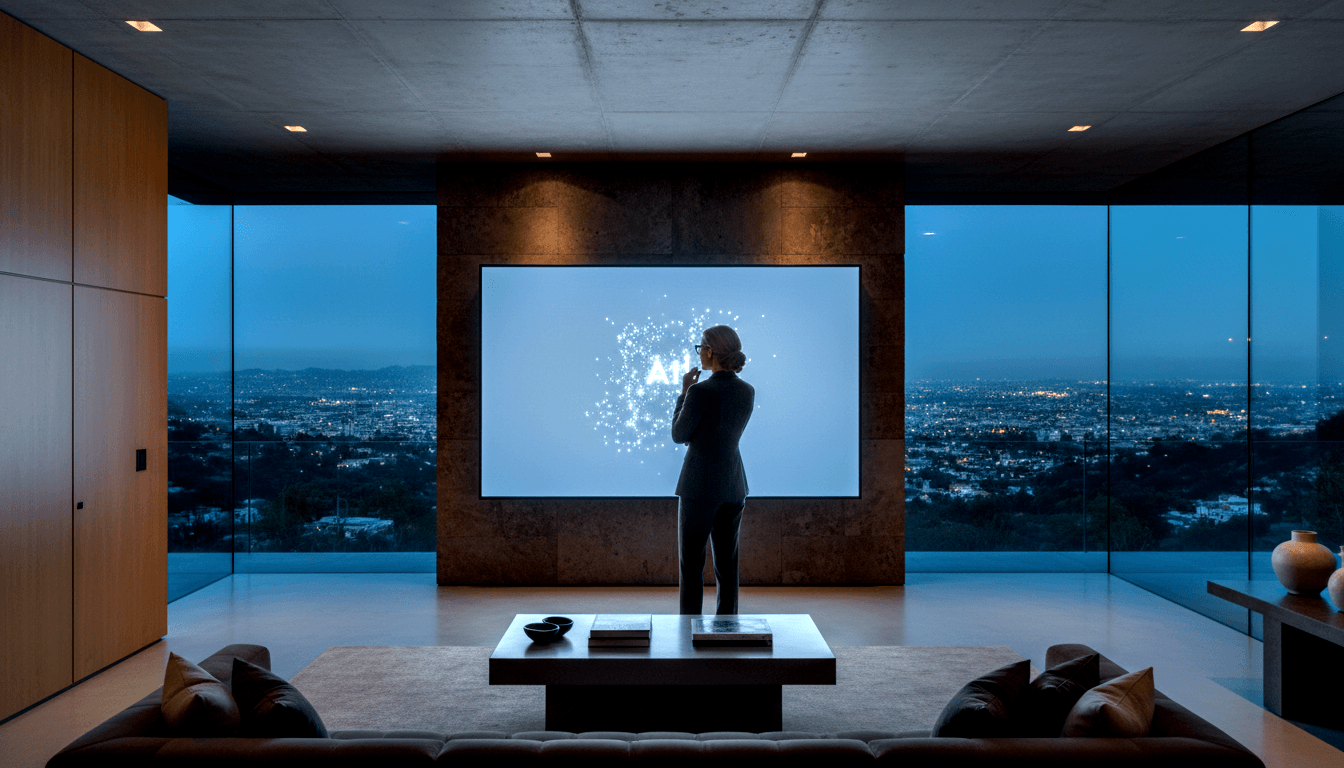 Woman in dark suit facing large illuminated node-network screen on stone wall, with city skyline at dusk visible through glass walls.
