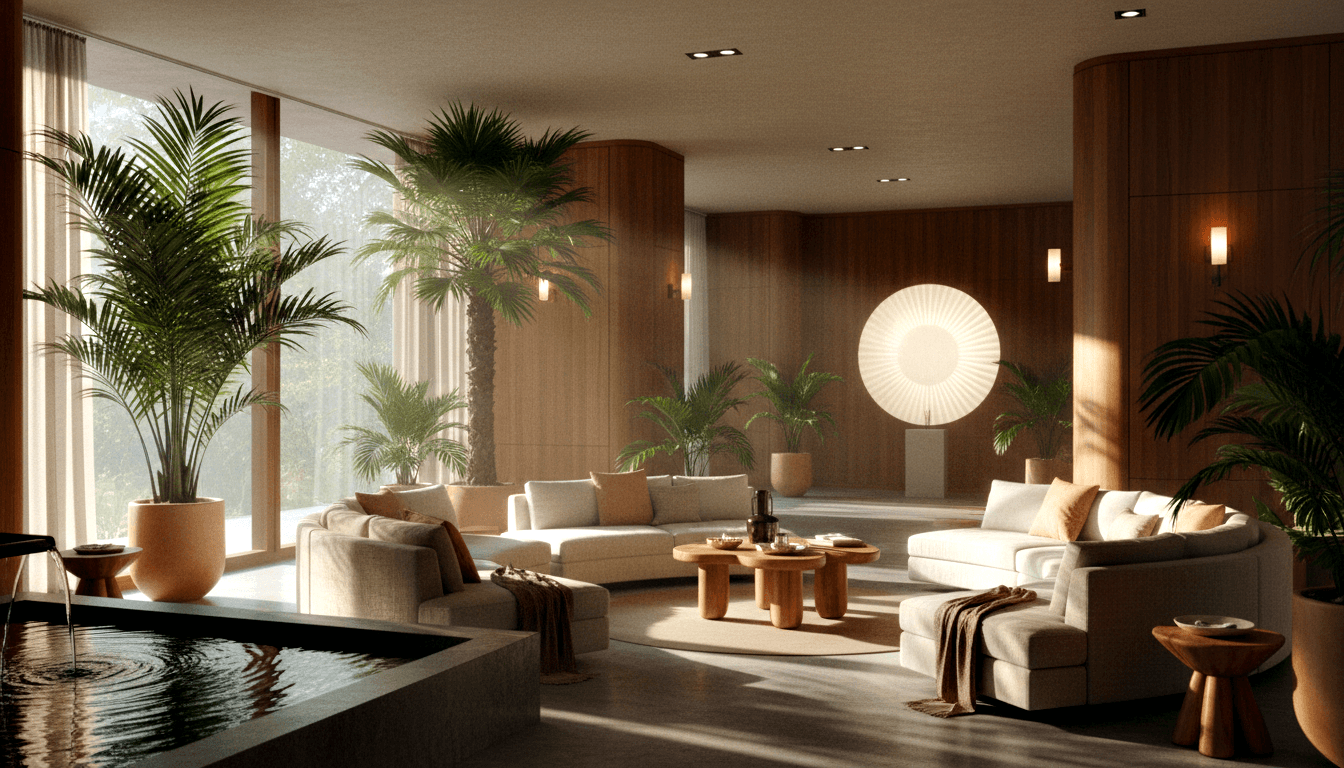 CGI open-plan interior with two curved cream sectional sofas, cylindrical wooden coffee tables, and tall tropical palms in terracotta planters.