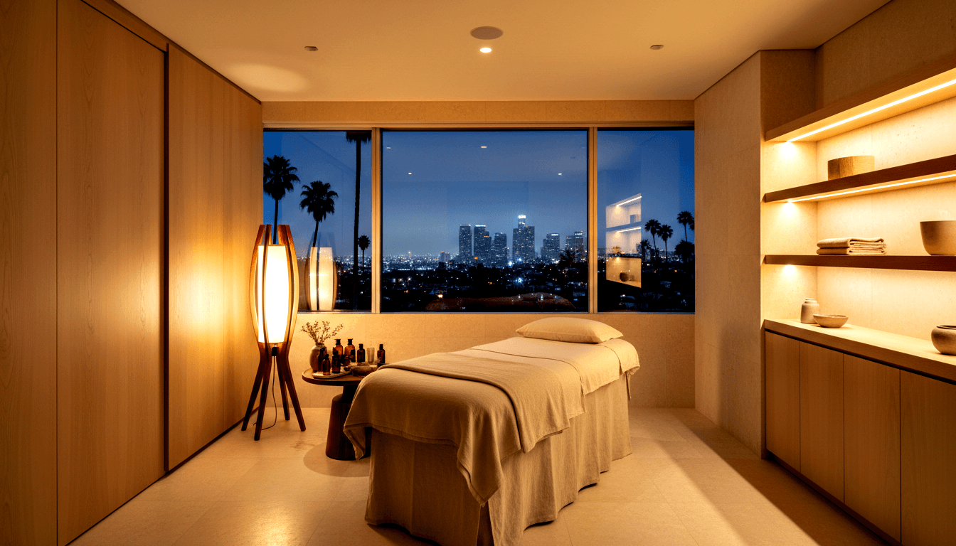 Massage table facing floor-to-ceiling windows with nighttime cityscape, palm silhouettes, and high-rises under deep blue sky.