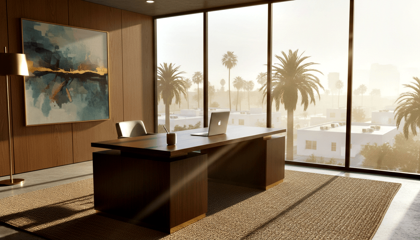 CGI executive office with dark walnut desk, open laptop, gold trim, and floor-to-ceiling windows showing palm trees in warm hazy light.