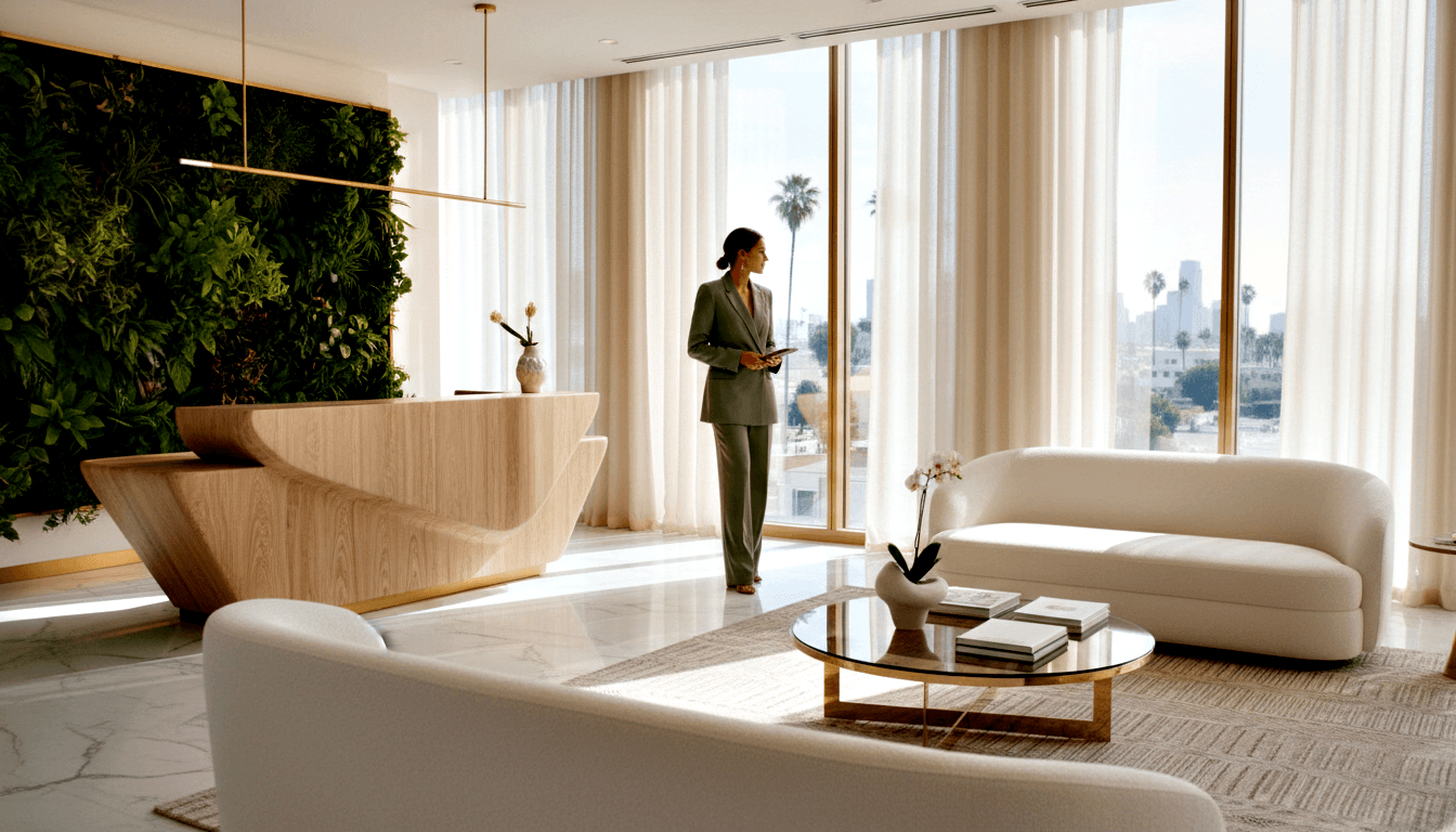 Curved wood reception desk, living green wall, cream sofas, and a woman in sage pantsuit holding a tablet near sunlit sheer-curtained windows.