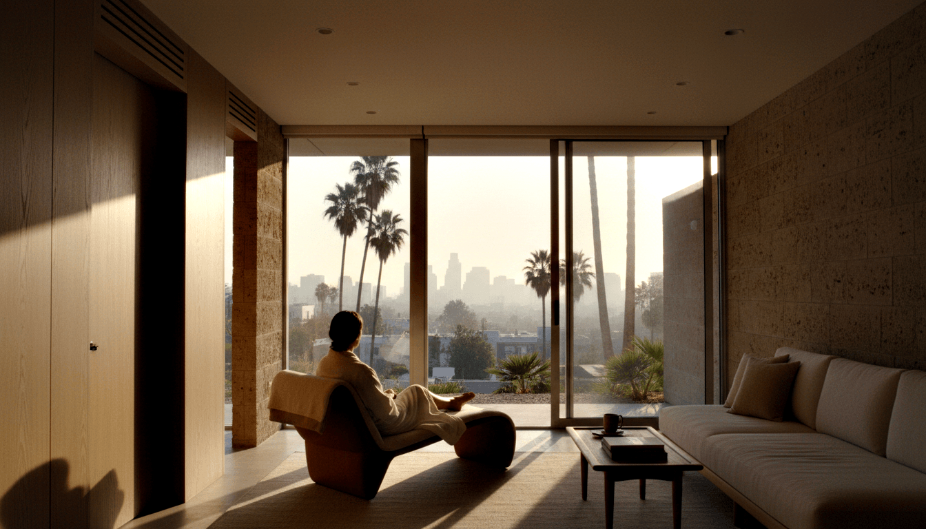 Person in cream sits back-to-camera in lounge chair gazing through floor-to-ceiling glass at hazy skyline with palm trees.