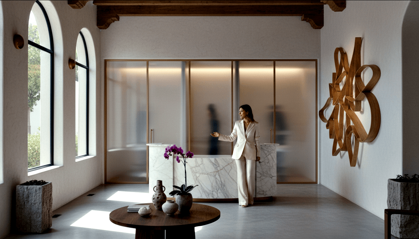 Woman in cream double-breasted blazer suit near white marble reception desk with dark wood beams, arched windows, and brass partitions.