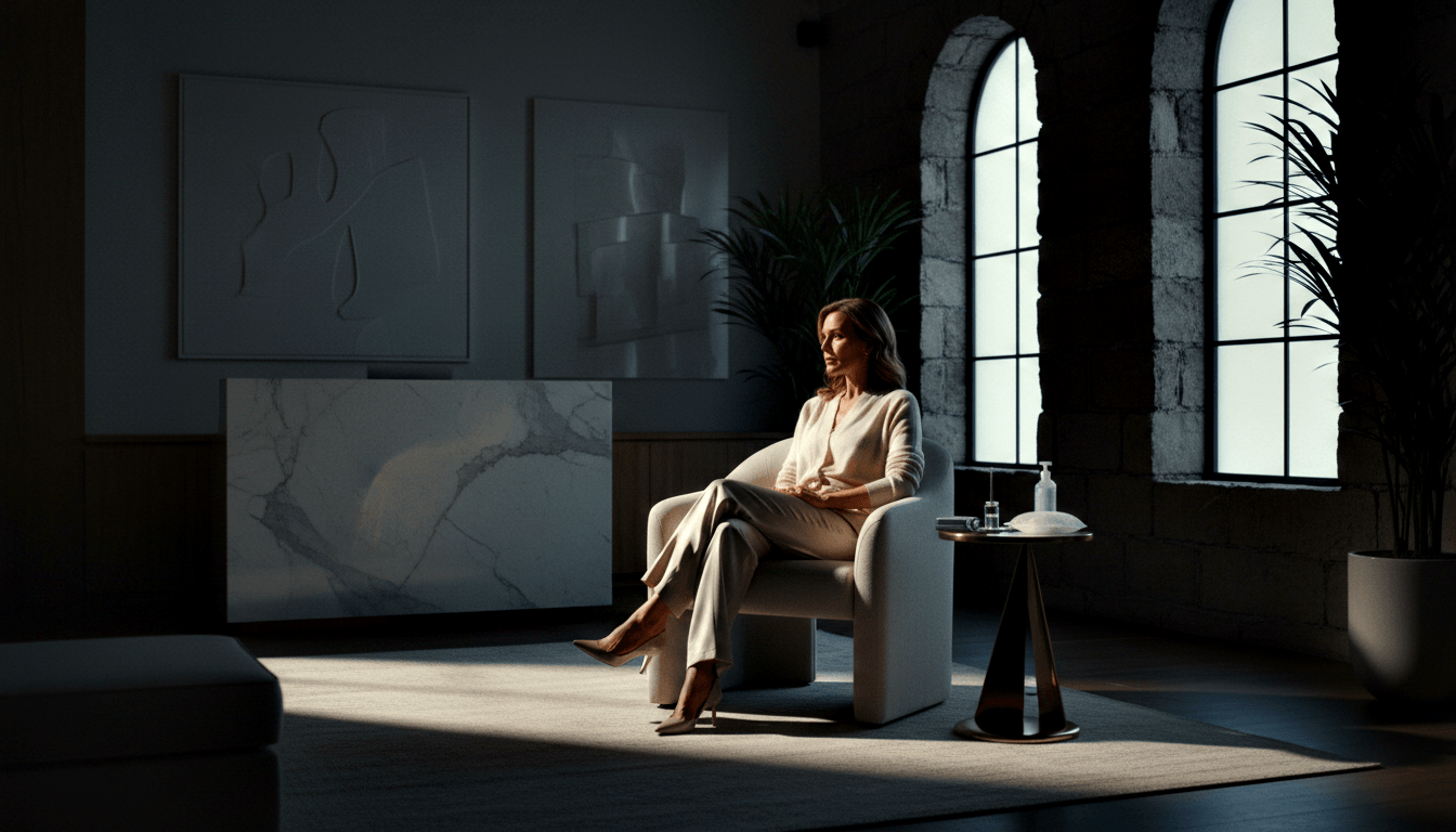 Woman in ivory cardigan and wide-leg trousers sits cross-legged in cream curved armchair, gazing upward, beside a dark hourglass side table.