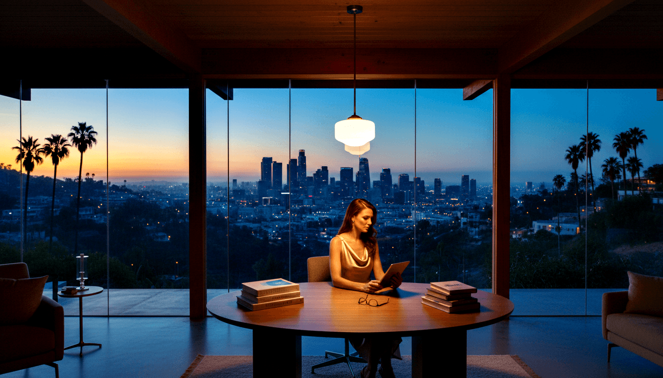 Woman in gold-cream top sits at round wooden table with tablet; floor-to-ceiling windows reveal city skyline at dusk.