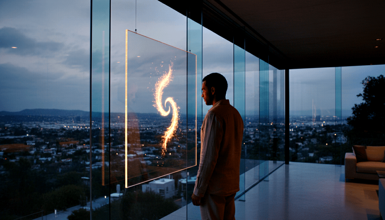 Man in grey shirt stands in profile before a glowing golden-orange fiery spiral on a suspended glass panel, cityscape visible behind him.