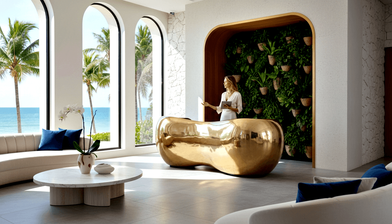 Lobby with polished gold reception desk, living plant wall in arched niche, arched windows showing palm trees and turquoise sea.