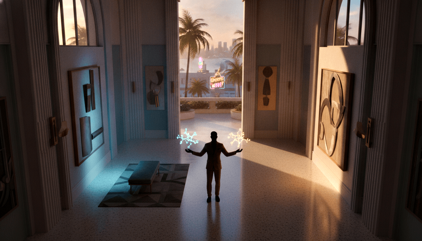 Silhouetted man holding glowing blue and gold fractals in grand columned hall, open doors revealing dusk skyline.