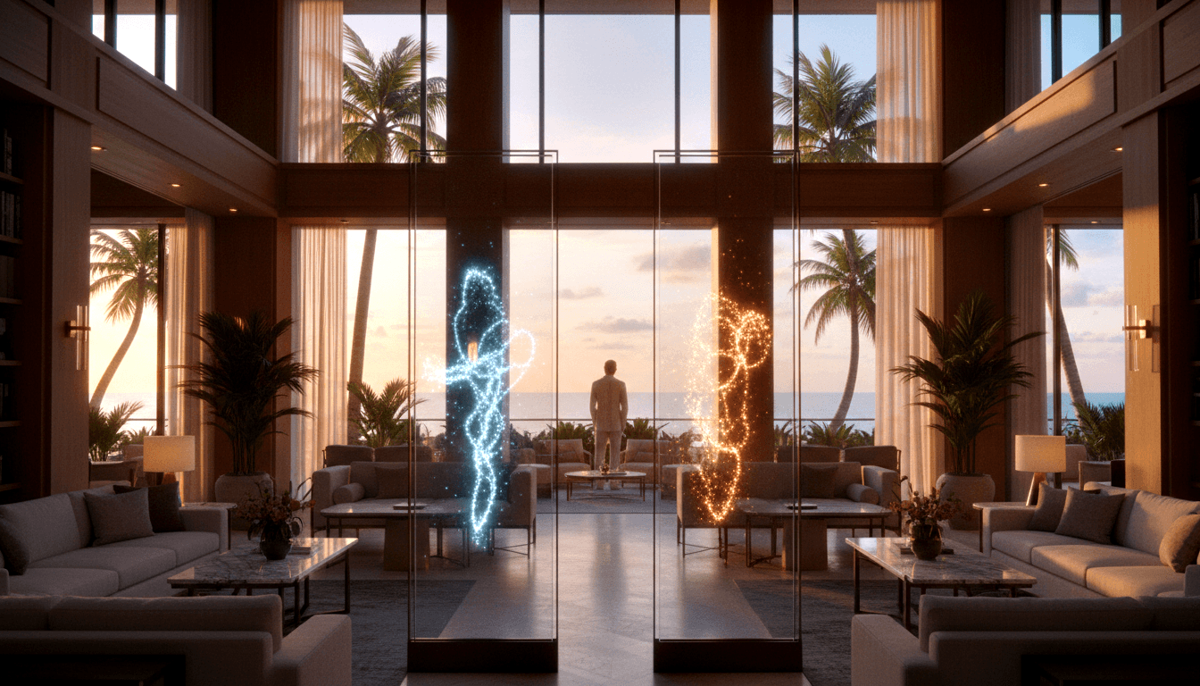 CGI double-height living room with glass walls and tropical coastal sunset; two humanoid energy forms flanking a centered human silhouette.