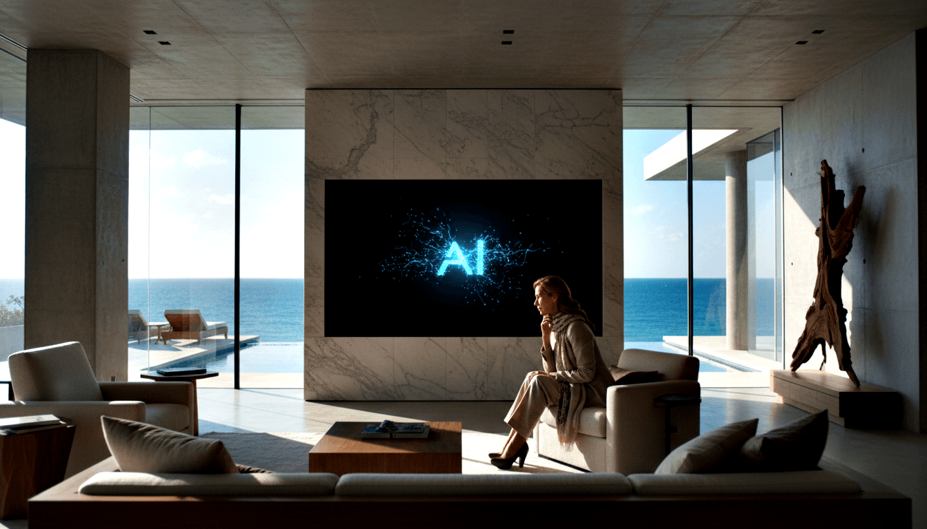 Woman in cream trousers sits contemplatively before a marble-framed screen showing glowing blue 'AI' text, ocean beyond glass walls.