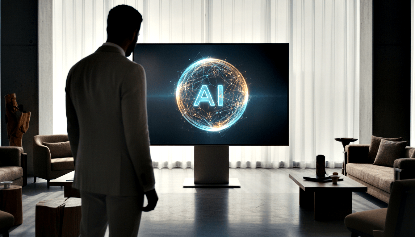 Person in cream suit facing a large screen displaying glowing cyan 'AI' text and network sphere on black background.