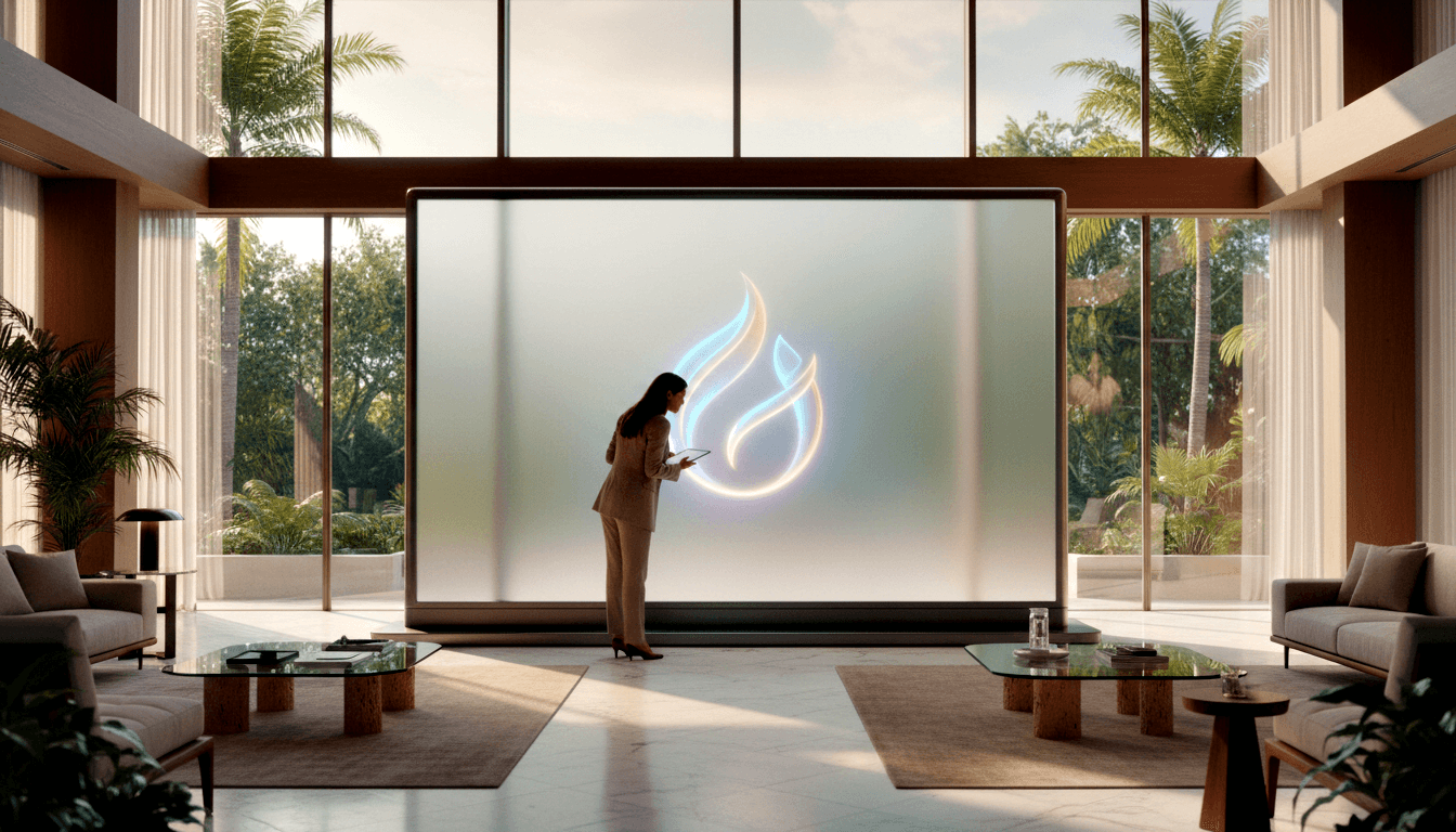 Woman in cream suit holding tablet stands before large frosted screen with glowing blue-orange flame symbol in a modern interior.