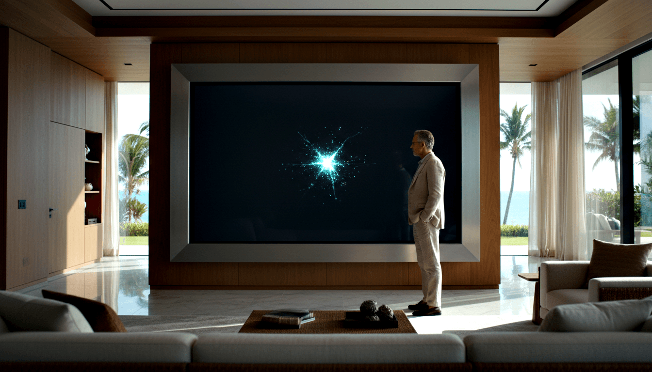 Middle-aged gray-haired man in beige linen suit stands in profile before a wall screen showing a cyan starburst pattern.