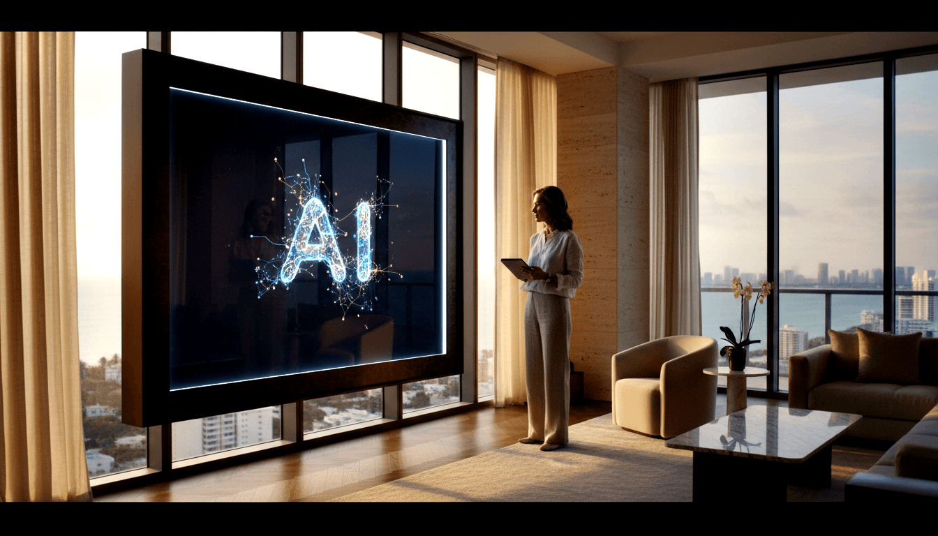Woman in cream top and wide-leg trousers holds a tablet beside a wall display showing glowing cyan AI network nodes.