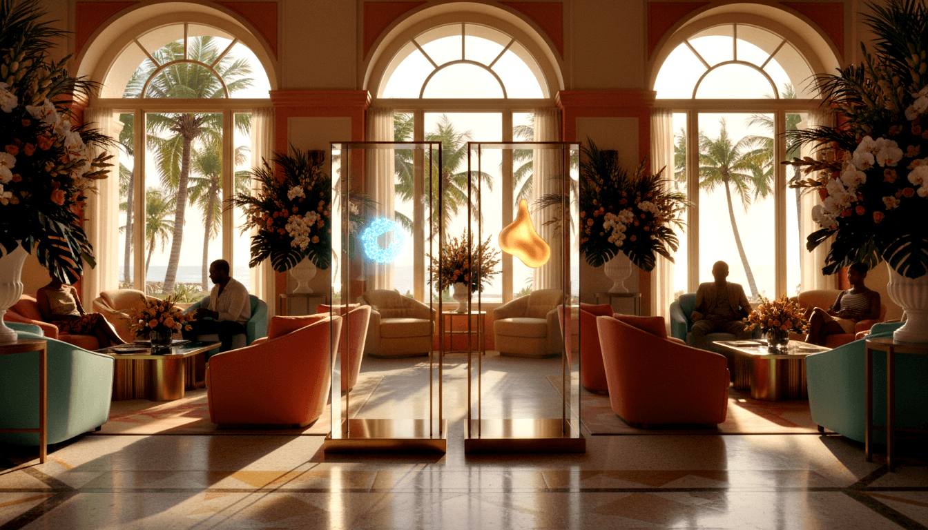 CGI resort lobby with high ceilings and arched windows; two gold vitrines hold a glowing blue torus and amber droplet, guests in lounge chairs.