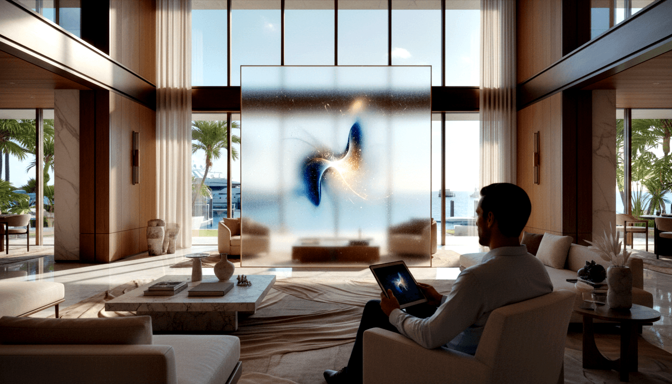 CGI: man in armchair holding tablet with blue-gold swirl art mirrored on floating panel; windows reveal palms and water.