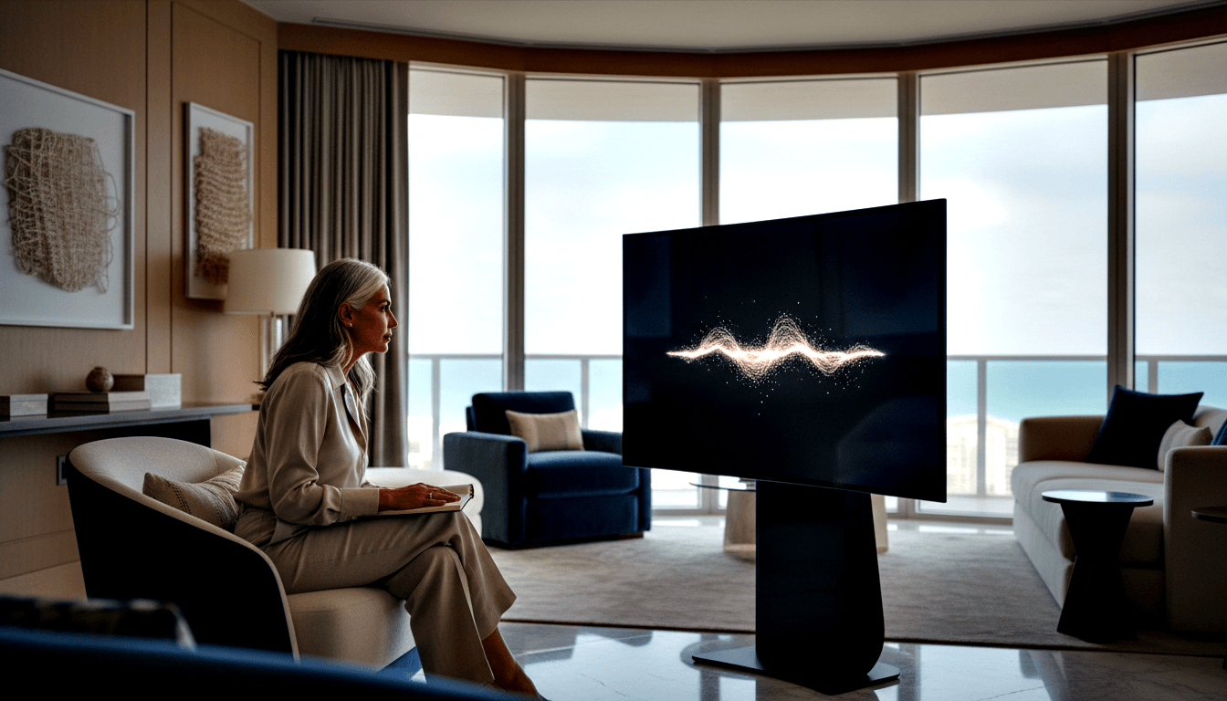 Silver-haired woman in beige wide-leg trousers sits in cream armchair holding small object, gazing at TV displaying amber waveform.