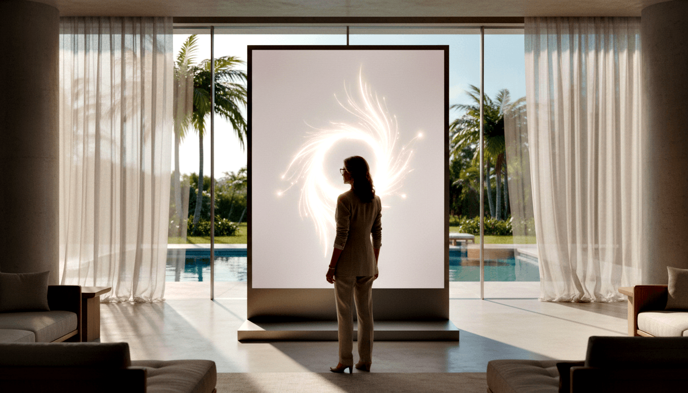 Woman in beige suit faces tall panel with glowing gold-white swirling wings in glass-walled room with pool beyond.