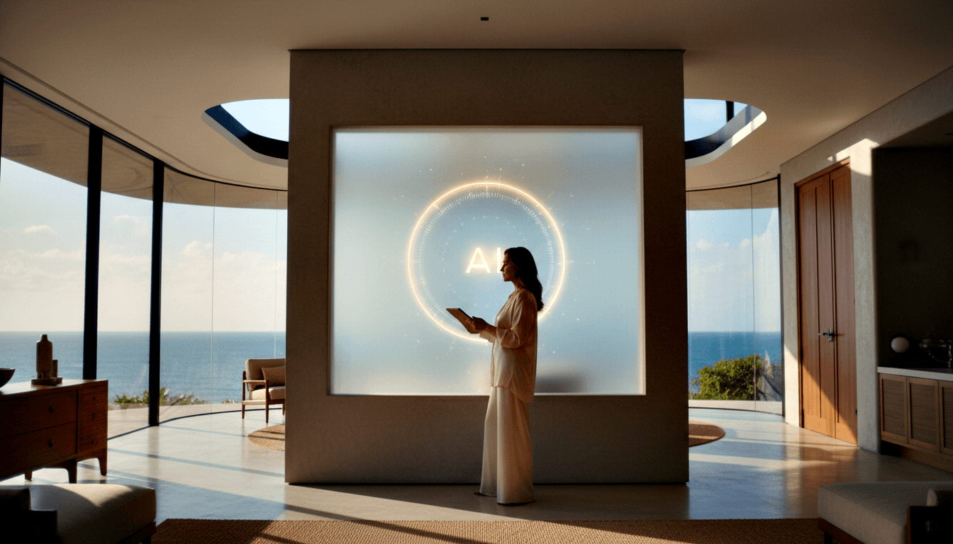 Woman in cream wide-leg trousers holds a tablet in profile before a large backlit circular ring panel in a curved glass-walled interior.