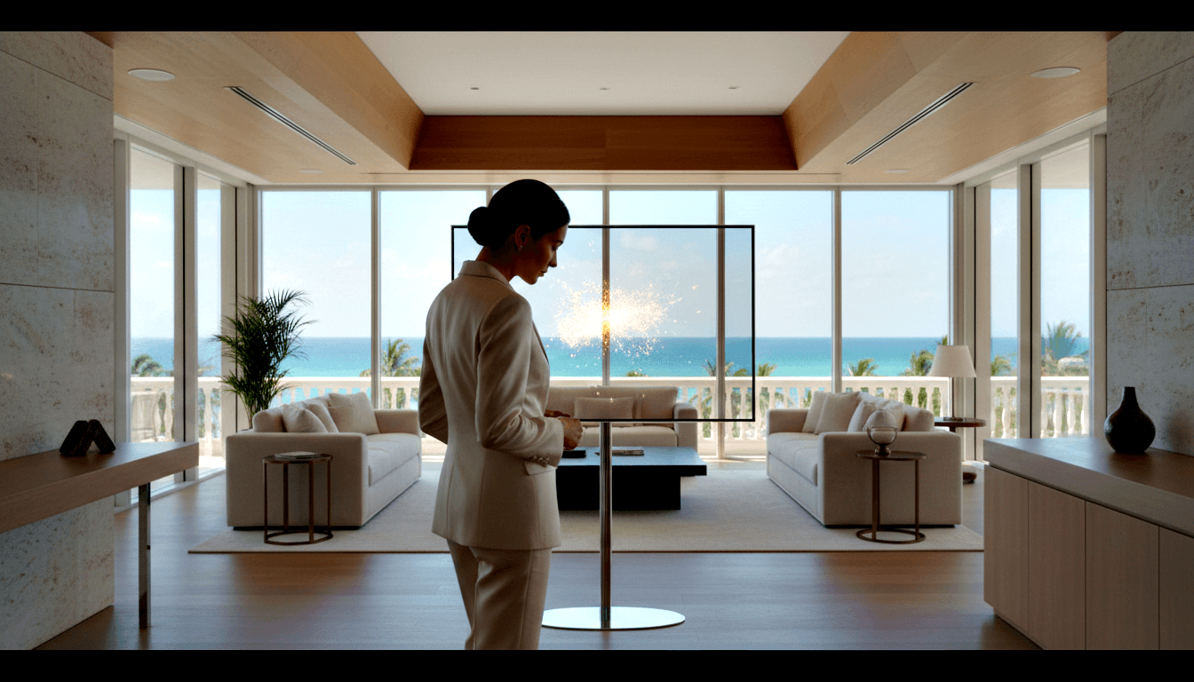 Woman in cream blazer and trousers stands in profile before a transparent display screen on a pedestal emitting a bright spark burst.