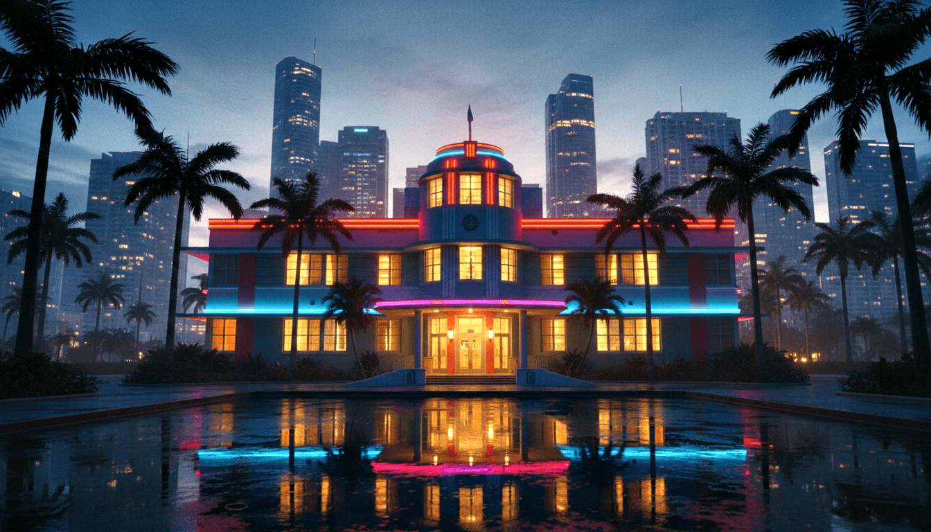 Art Deco building with rounded dome turret outlined in pink and cyan neon, amber-lit windows, palm trees flanking both sides, skyscrapers behind.