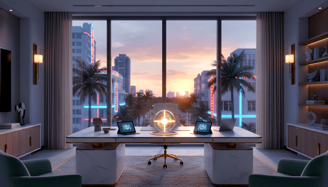CGI executive office: marble desk, glowing orb, skull, teal armchairs, windows with palm trees and Art Deco buildings at dusk.