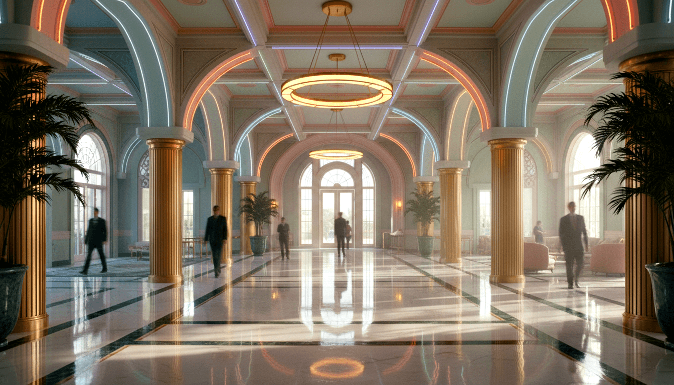 CGI corridor with gold fluted columns, teal arched ceilings, neon LED strips, marble floor, and motion-blurred figures in dark formal attire.