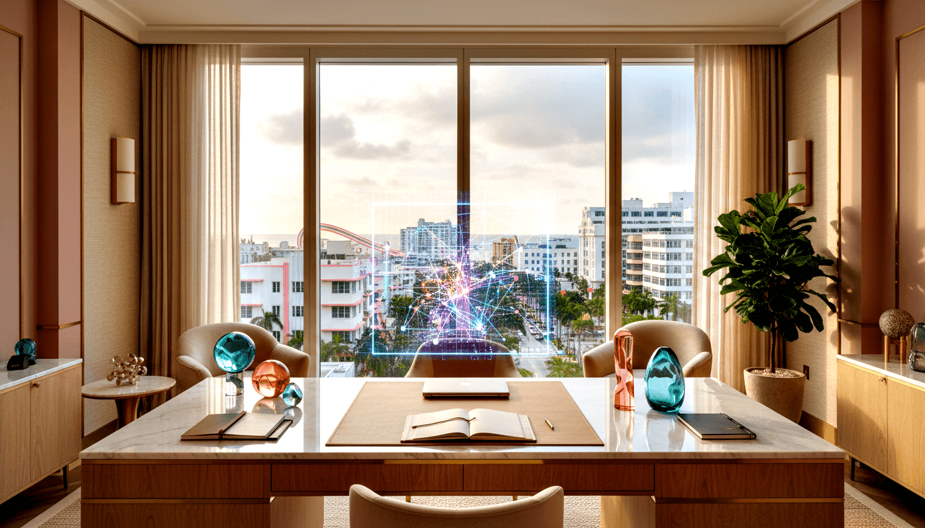 Office desk with glass spheres, notebook, folders; beige chairs; coastal Art Deco cityscape windows; CGI network diagram overlaid.