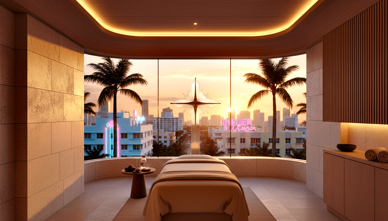 3D spa room: cream massage table at panoramic window, teal Art Deco cityscape, palm trees, magenta neon, golden-hour light.