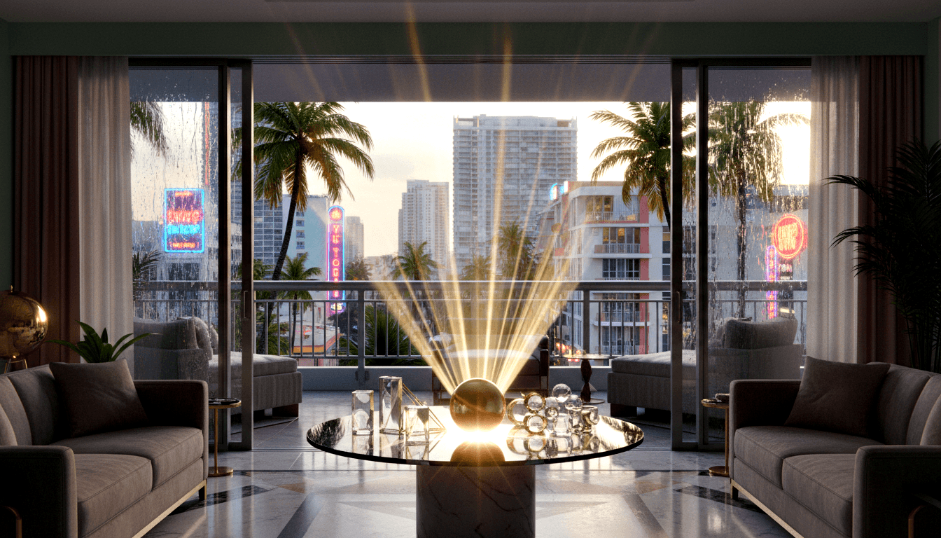 CGI high-rise living room: grey sofas flank glass table with gold starburst sphere; balcony overlooks palms and dusk skyline.