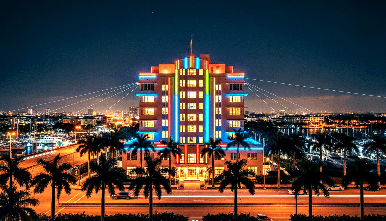 Art Deco building with vertical red, blue, green, orange neon stripes, cyan balcony accents, palm trees, marinas, light trails at night.