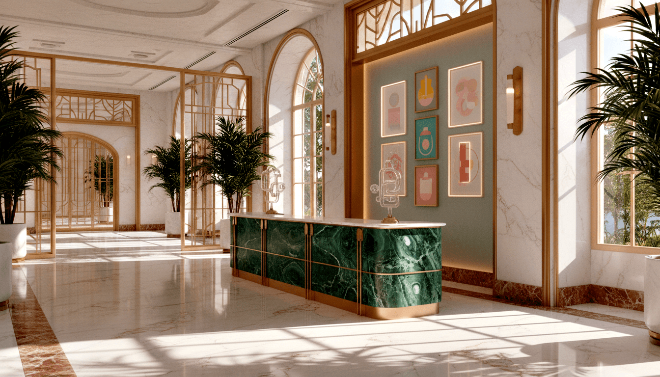 CGI reception with curved emerald green marble desk, white marble walls, framed artworks, tall palms, and arched gold lattice screens.