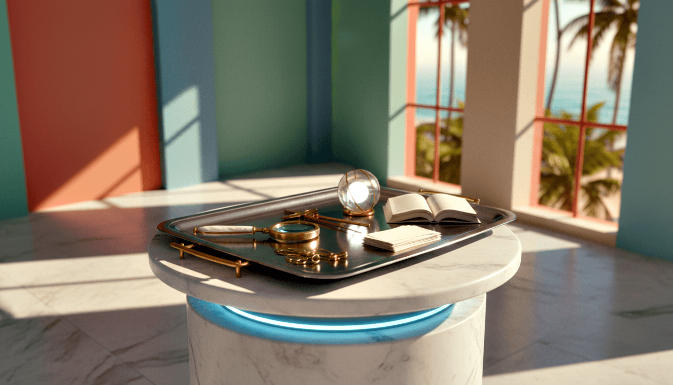 Marble pedestal with blue LED base holds gold scissors, magnifying glass, pen, notepad, glowing orb; pastel panels; palms beyond.