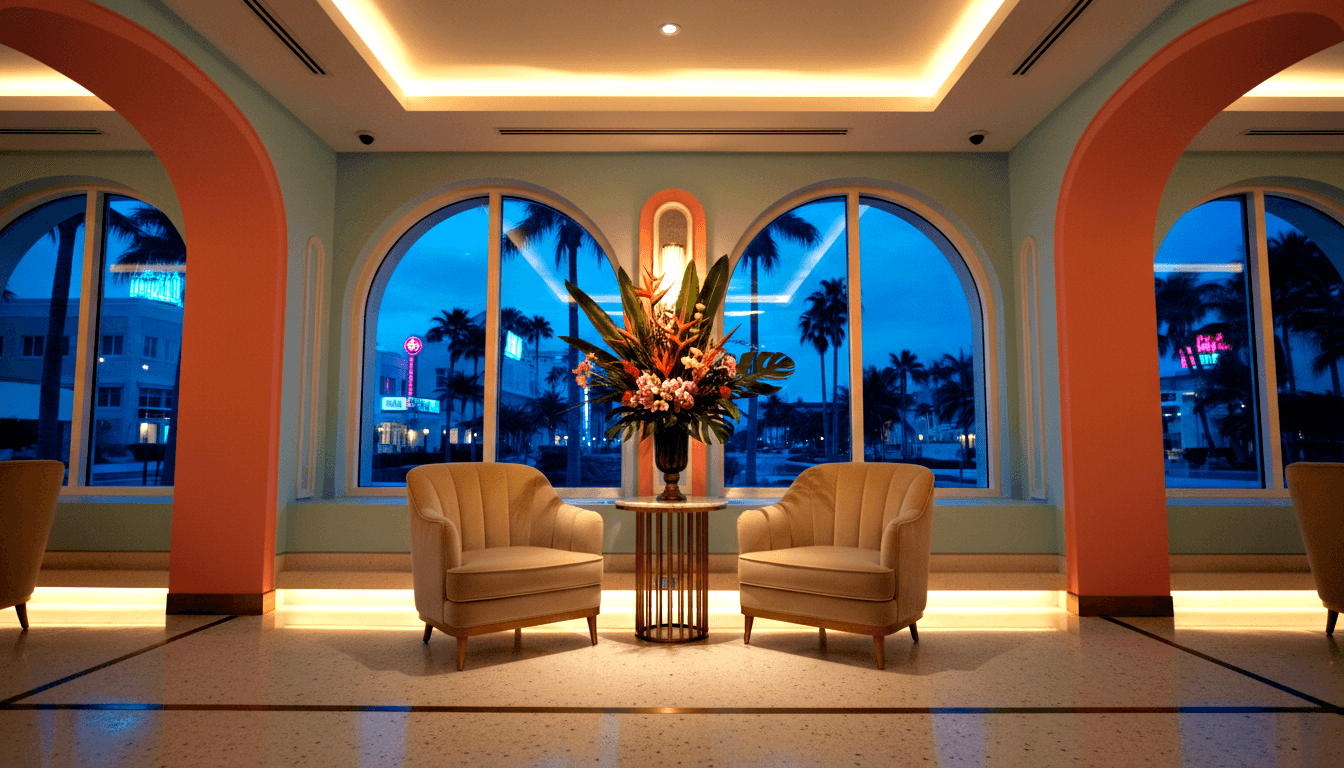 Symmetrical lobby: tropical arrangement on gold pedestal, cream curved chairs, coral columns, sage walls, coffered ceiling, terrazzo floor.