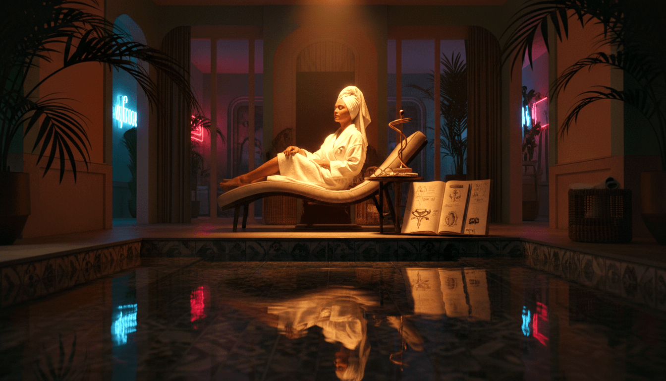 Woman in white bathrobe and hair turban reclines eyes closed on wicker chaise lounge beside a tiled reflective pool under neon signs.