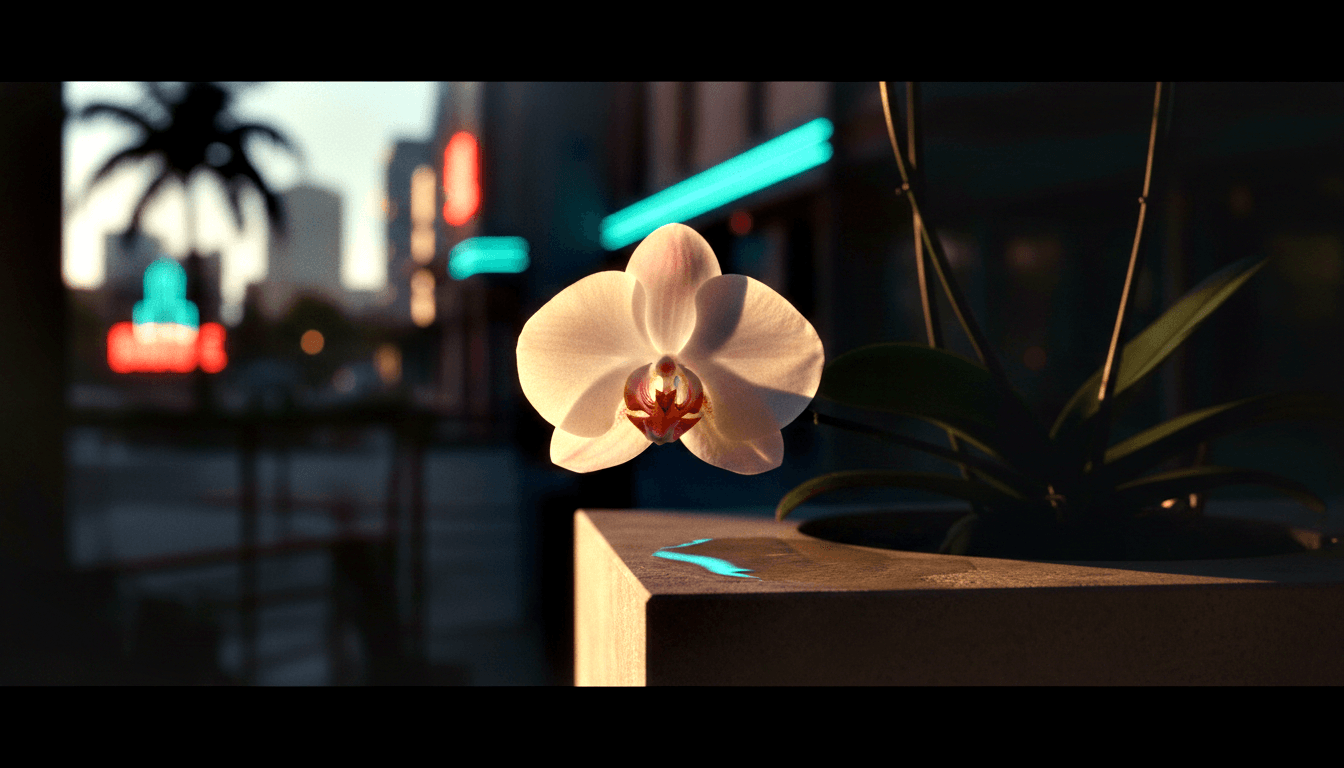 Cream-white moth orchid bloom on a concrete ledge, warm light from below-right, green foliage, blurred neon signs and buildings behind.