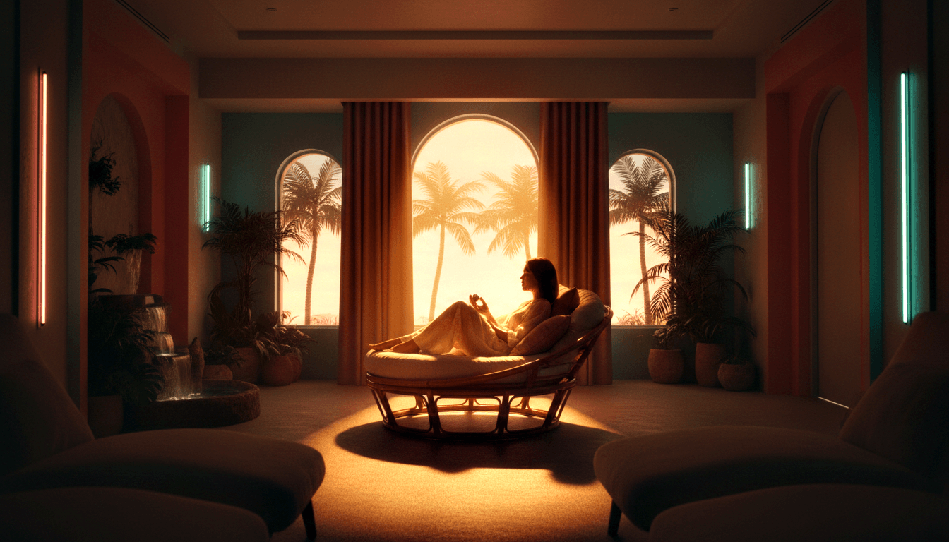 Dark-haired woman reclining on a large circular rattan lounge chair beneath a tall arched window with warm golden light.