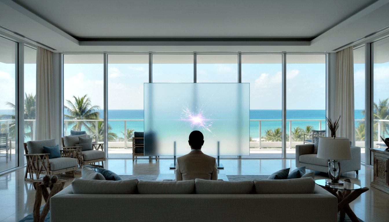Person seated on pale sofa watching a large semi-transparent glass panel with bright central light, ocean and palm trees visible through it.